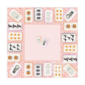 Halloween MAHJONG Tiles Tablecloth, 55 x 55, Hostess Gift, Bat, Pumpkin, Mummy, Skeleton, Ghost, Spider, Witch Hat, Handpainted Tiles