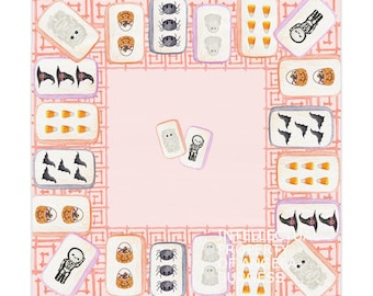 Halloween MAHJONG Tiles Tablecloth, 55 x 55, Hostess Gift, Bat, Pumpkin, Mummy, Skeleton, Ghost, Spider, Witch Hat, Handpainted Tiles