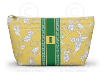 Monogrammed Mahjong Tile Bag: Chinoiserie Travel Pouch, Yellow Birdie, Small and Large