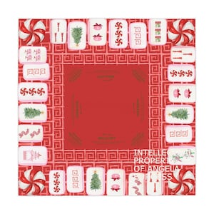 Christmas MAHJONG Tile Tablecloth, Charleston Rules, Size 55 x 55, Instructions Beginners Christmas Tree Peppermint Candy, Hostess Gift