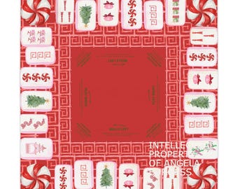 Christmas MAHJONG Tile Tablecloth, Charleston Rules, Size 55 x 55, Instructions Beginners Christmas Tree Peppermint Candy, Hostess Gift