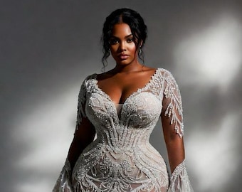 Sheer Lace Mermaid Wedding Dress, Illusion Bridal Gown, Long Sleeves, Custom Fit
