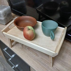Wooden Breakfast Tray Table with Folding Legs – Portable Bed Tray for Coffee, Snacks, Laptop or Books