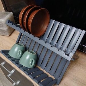Rustic Wooden Dish Rack – Foldable Plate Drying Stand, Gray Kitchen Organizer
