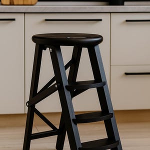 Könnte beinhalten: Ein schwarzer Holztritt mit rundem Sitz und drei Stufen. Der Hocker ist zusammenklappbar und hat ein schlichtes, modernes Design. Der Hocker ist aus Holz und schwarz lackiert.