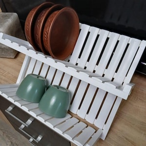 Handmade White Wooden Dish Rack: Foldable Two-Tier Kitchen Organizer