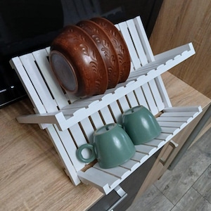 Wooden Dish Drying Rack – Foldable Two-Tier Plate and Cup Drainer for Kitchen Counterto