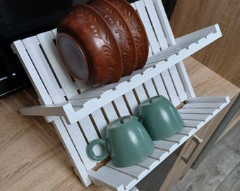 Wooden Dish Drying Rack – Foldable Two-Tier Plate and Cup Drainer for Kitchen Counterto