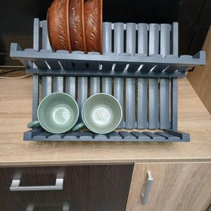 Handmade Black Wooden Dish Rack: Foldable Two-Tier Kitchen Organizer