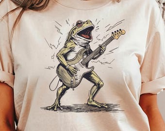 Frog Playing Bass Guitar Shirt, Funny Musician Frog Tee, Vintage Botanical Amphibian Graphic, Comfort Colors Unisex Cottagecore Top