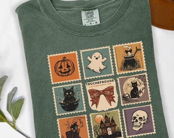 Comfort Colors Halloween Cute Ghost Pumpkin Cat Shirt, Cute Ghost Shirt, Retro Ghost Tee, Women's Halloween Shirt, Fall Spooky Cat shirt