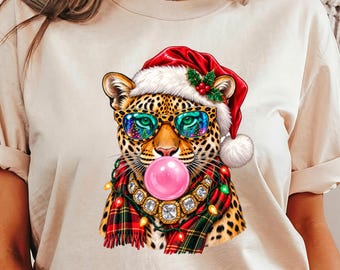 Christmas Leopard Bubblegum Tee, Santa Hat Big Cat Shirt, Retro Holiday Animal Graphic, Comfort Colors Trendy Wildcat Gift