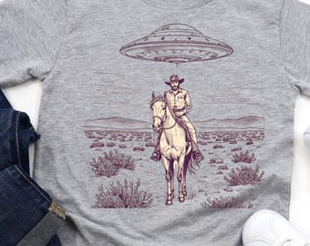 UFO Cowboy T-Shirt, Western Alien Abduction Tee, Funny Graphic Shirt