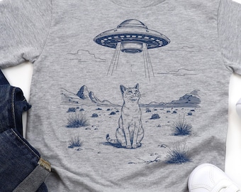 Retro Cowboy Cat UFO T-Shirt, Vintage Alien Abduction Graphic Tee