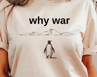 Personnalisation : T-shirt graphique pingouin de guerre, vêtement minimaliste de militant pour la paix, chemise en coton unisexe