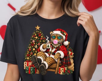 Jeweled Christmas Leopard Shirt, Bubblegum Santa Tee, Bling Holiday Top, Festive Cat Gift, Retro Animal Christmas Shirt, Leopard Lover Gift