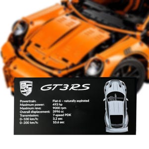 Custom LEGO Technic Porsche 911 GT3 RS Tile | Info Plaque on 8x16 Black Textured Brick