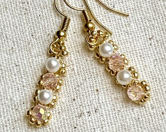 Pink crystal and pearl earrings, pink and gold earrings, bride earrings, delicate bead woven earrings,
