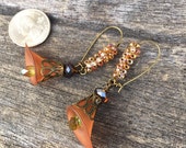 Lucite orange or cinnamon flower earrings,vintage style earring,long dangle earring,antique brass,crystals,orange bell flower,caramel flower