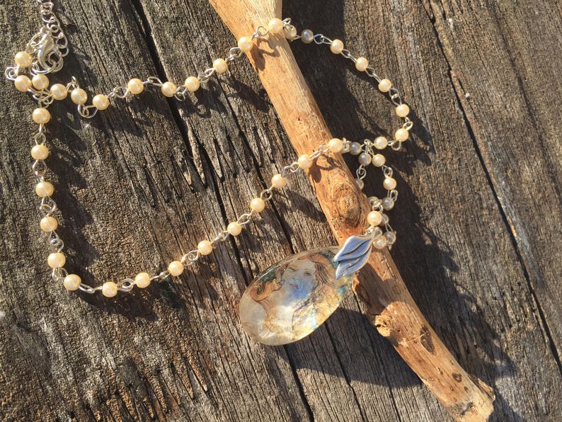 vintage crystal pendant,Venus pendant, Pearl rosary chain,birth of Venus pendant, silver and pearls chain,teardrop crystal pendant, image 3