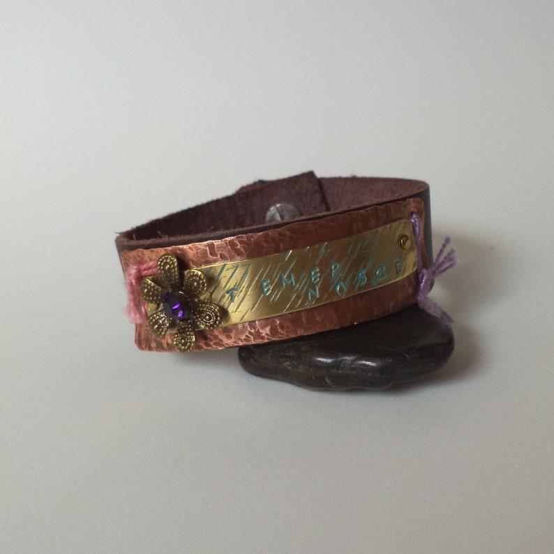 Leather Bracelets With Stamp Metal Message Focal Plate, Hammered