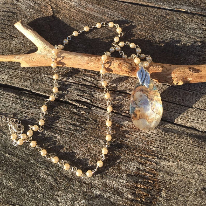 vintage crystal pendant,Venus pendant, Pearl rosary chain,birth of Venus pendant, silver and pearls chain,teardrop crystal pendant, image 6
