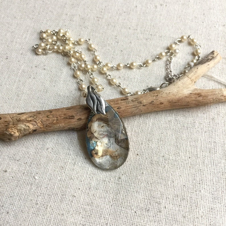 vintage crystal pendant,Venus pendant, Pearl rosary chain,birth of Venus pendant, silver and pearls chain,teardrop crystal pendant, image 4