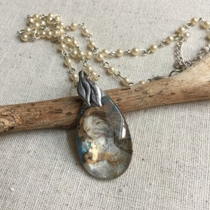vintage crystal pendant,Venus pendant, Pearl rosary chain,birth of Venus pendant, silver and pearls chain,teardrop crystal pendant, image 1