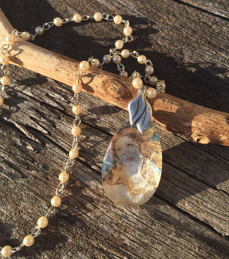 vintage crystal pendant,Venus pendant, Pearl rosary chain,birth of Venus pendant, silver and pearls chain,teardrop crystal pendant, image 2