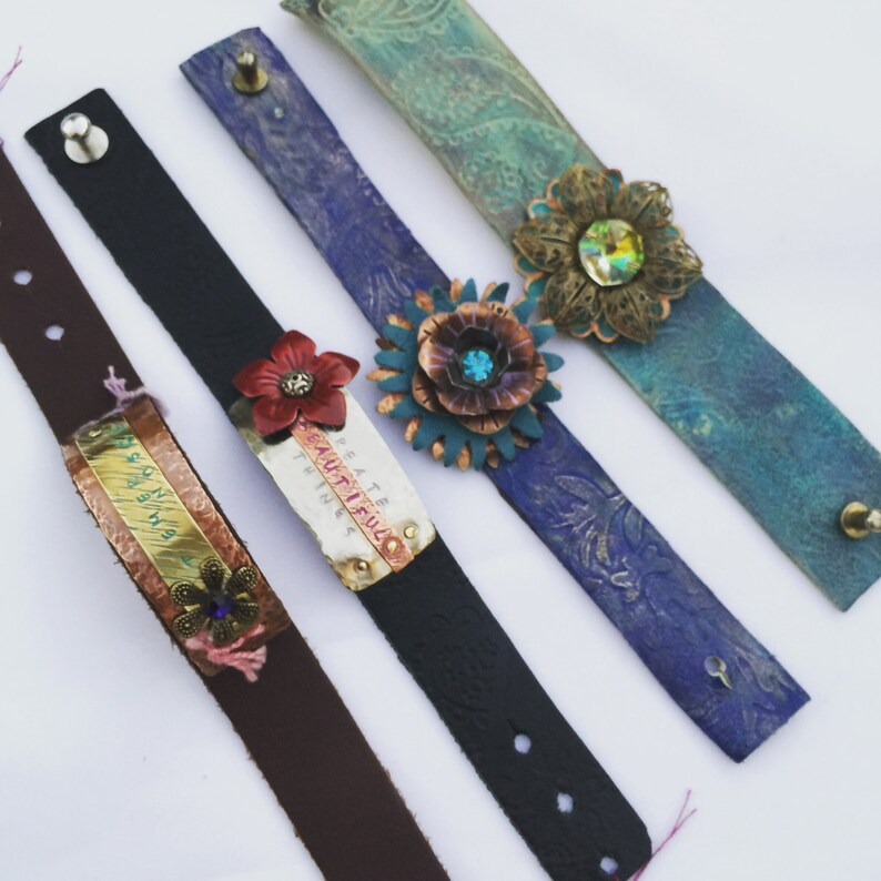 Leather Bracelets With Stamp Metal Message Focal Plate, Hammered