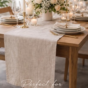 May include: A wooden table set for a wedding, with a beige linen table runner, white plates, gold cutlery, and a floral centerpiece. The text "Perfect for Weddings" is displayed.