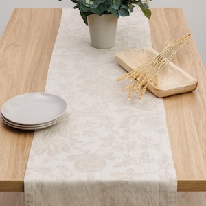 Elegant Beige Floral Linen Cotton Table Runner, Rustic Farmhouse Dining Decor, Wedding Runner