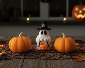 3D Printed Ghost Figurine with Pumpkins | Halloween Decor