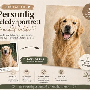 May include: A digital file advertisement for a custom pet portrait. The image features a golden retriever portrait with the text "Personalized pet portrait from your photo." The advertisement includes a smaller photo of a dog and text in Norwegian.