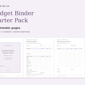 Op de afbeelding: Een budgetmap-starterspakket van Twisted Tee Co. met 16 printbare pagina's in US Letter-formaat. De set bevat een voorblad, een maandbudgetblad en een factuurtracker met georganiseerde kolommen voor het bijhouden van uitgaven.