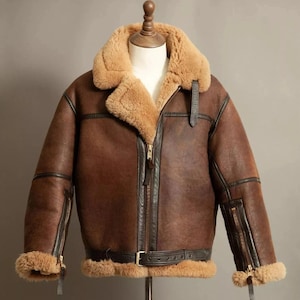 Men&#39;s Brown B3 RAF Irvin Shearling Sheepskin Flying Leather Fur Jacket Genuine Handmade Flight Bomber Fur Leather Aviator Jacket for Winter
