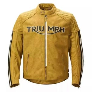 Men&#39;s Yellow Triumph Braddan Biker Jacket: Genuine Cowhide Leather Racer Jacket Embroidered Logo