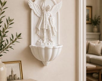St. Michael Holy Water Font | Catholic Wall Decor | White 3D Printed Holy Water Holder | Entryway Blessing Font | Catholic Gift