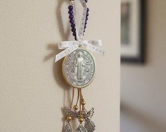 Catholic Home Blessing Door Hanger with St. Benedict Medal, Charms & Beaded Ribbon