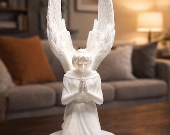 Estatua de ángel arrodillado de 20 cm, figura de ángel impresa en 3D, decoración con alas de ángel blancas, decoración cristiana para el hogar, regalo de condolencia conmemorativo, basado en la fe