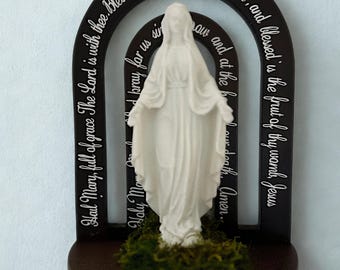 Rosary Holder with Virgin Mary Statue | Catholic Home Decor | Marian Prayer Display