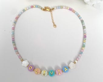 Colorful beaded necklace for kids, name necklace for toddlers, colorful gift for kids, little girl birthday gift, Christmas gift for girls