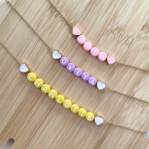 Pink name necklace for kids, colorful custom name necklace for toddlers, purple beaded necklace for little girls, birthday gift for teens
