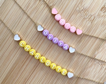 Pink name necklace for kids, colorful custom name necklace for toddlers, purple beaded necklace for little girls, birthday gift for teens