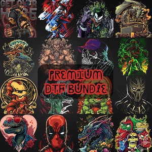Puede incluir: Una colección digital de dieciséis ilustraciones gráficas que presentan varios personajes de la cultura pop, incluyendo superhéroes, villanos y criaturas, con el texto rojo PREMIUM DTF BUNDLE centrado sobre la cuadrícula de arte colorido.
