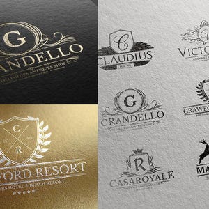 May include: A collection of logo designs featuring various emblems, shields, and crests with text including Grandello, Claudius, Victorian, Crawford Resort, Casaroyale, and Marksville. The logos are displayed in gold, black, and white ink on textured paper.