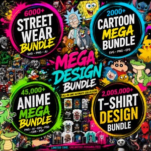 Paquete de más de 1 millón de diseños de camisetas / Ropa urbana de anime / Diseños PNG y SVG de dibujos animados / Descarga digital