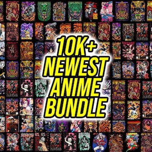 May include: A digital collection of over 10,000 anime-themed graphic illustrations featuring various characters in vibrant, high-contrast colours. The central text reads 10K+ NEWEST ANIME BUNDLE in bold yellow letters with a white outline.