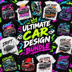 May include: A collection of twelve t-shirts featuring graphic prints of sports cars, off-road vehicles, and helmets with neon-colored accents, palm trees, and Japanese text, centered around the bold text ULTIMATE CAR DESIGN BUNDLE.