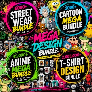 Peut inclure: Une publicité graphique numérique pour un Mega Design Bundle présentant quatre badges circulaires intitulés Street Wear, Cartoon, Anime et T-Shirt Design bundles. L'image affiche divers personnages de dessins animés et des t-shirts sur fond noir.